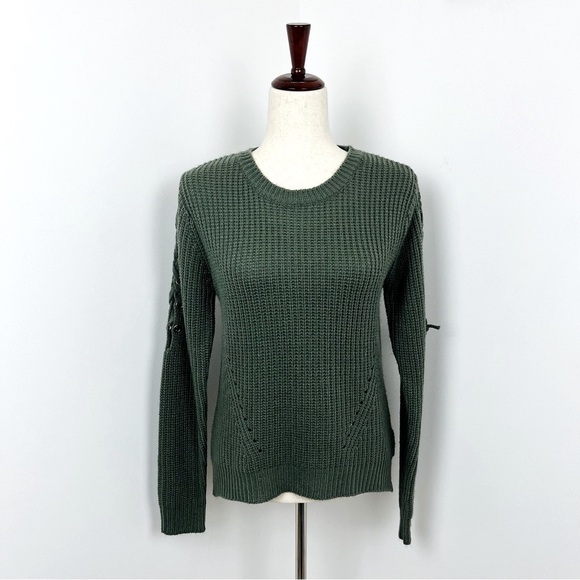 Moral Fiber Green Knit Sweater. Lace-Up Sleeves. Crew Neck. High/Low. Large - Picture 1 of 8